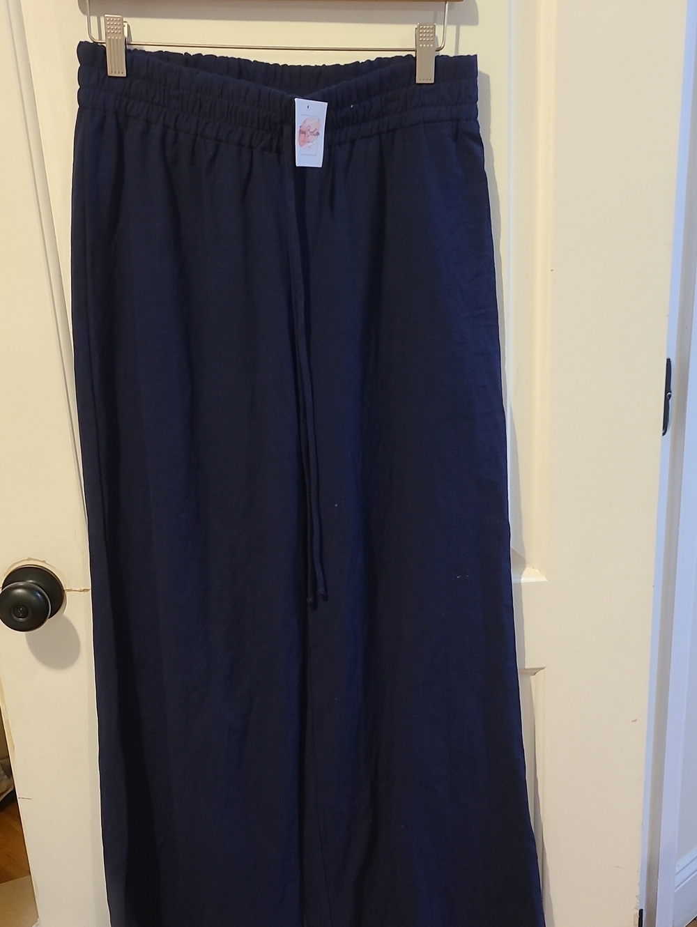 NWT Jenny Boston Navy Blue Drawstring Wide Leg Cotton Resort Pants